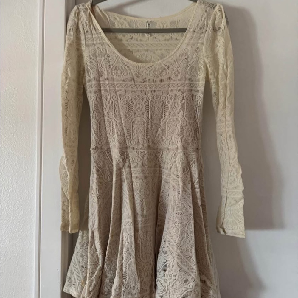 Free People Cream Lace Long Sleeve Dress